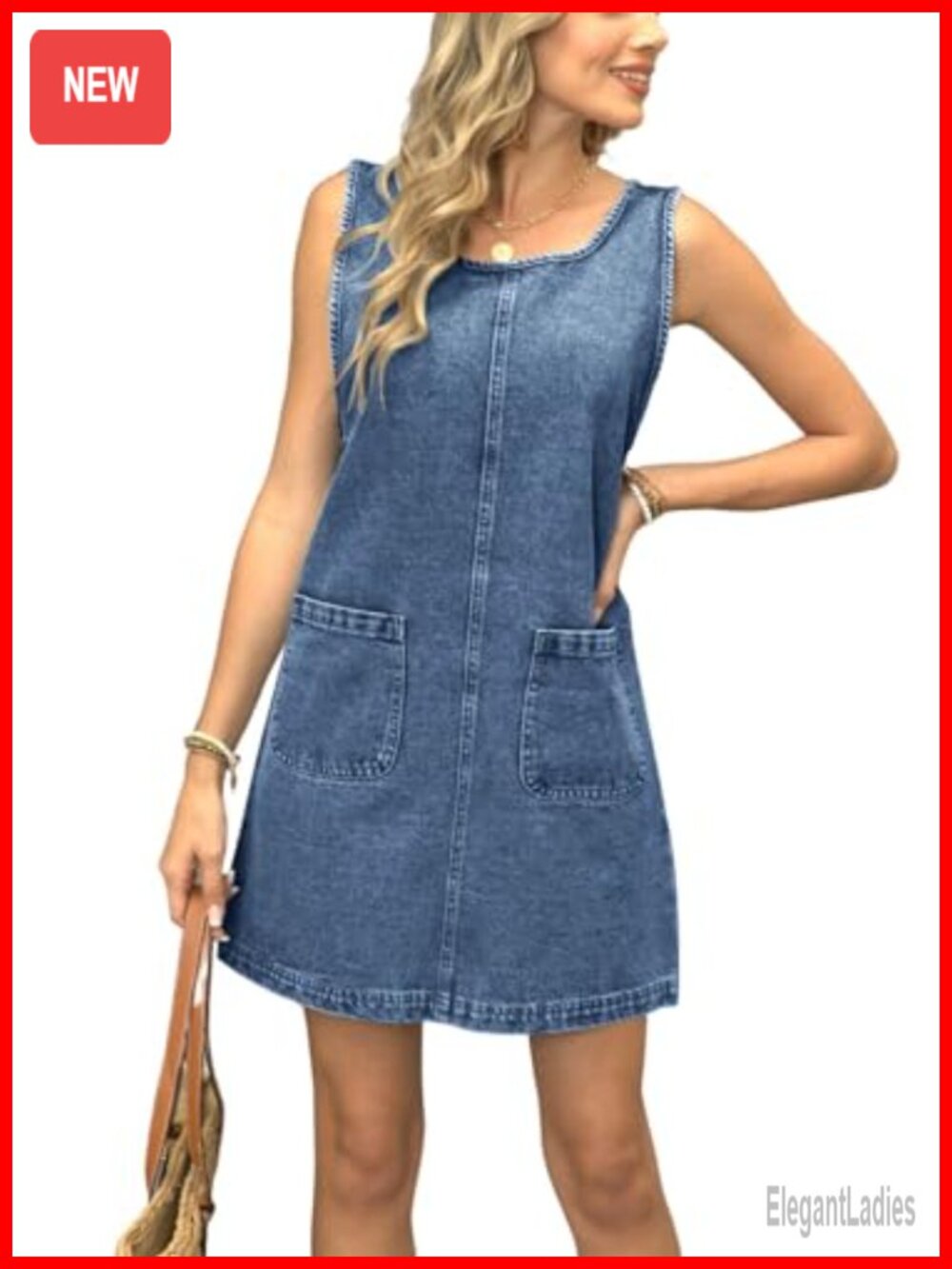 Sleeveless Denim Tank Dress U-Shaped Backless Jean Mini with Pockets